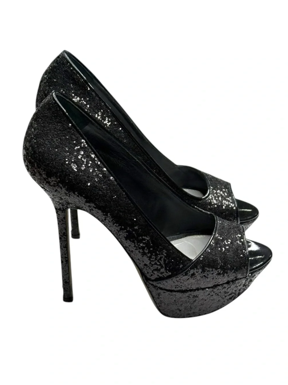 Sergio Rossi 𒀭Boston Glitter Peep Toe Platform Sky High Stiletto Pumps 𒀭Black 38